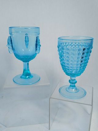 Two Vintage Aqua Blue L.  G.  Wright Glass Goblets,  Grasshopper And Thousand Eye