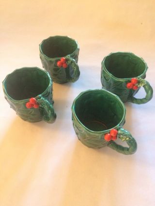 Set Of 4 Lefton Holly Leaf Berry Green Cups Mugs Christmas Eggnog,  Vintage