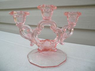 Art Deco Cambridge Glass Pink Keyhole Candle Stick - - Decagon Base - - Orphan