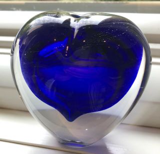 Vintage Art Glass Murano Sommerso Style Hand Blown Blue Heart Vase Paperweight