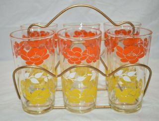 Vintage Orange & Yellow Floral Glass Tumblers In Drink Caddy Set Of 6