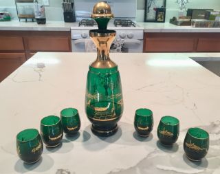 Vintage Emerald Green Venetian Glass Decanter Set 24k Gold Accents Great Cond