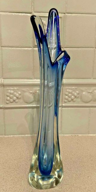 Vintage Murano Italian Art Glass Blue Sommerso 3 Lobed 14 " Vase