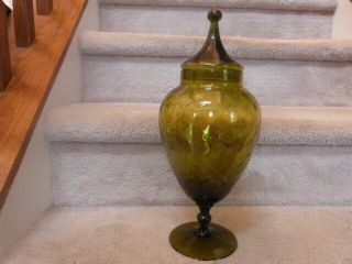 Vintage Mid Century Smoke Green Glass Pedestal Apothecary Candy Jar W/ Lid 14.  5 "