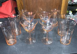 Set Of 10 Vintage Pink Depression Etched Champagne Glasses &tumblers