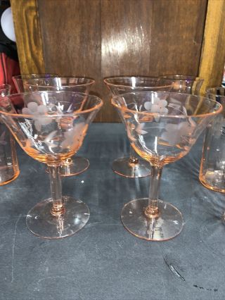 Set of 10 Vintage Pink Depression Etched Champagne Glasses &Tumblers 3
