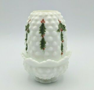Fenton Hobnail Fairy Lamp White Milk Glass Signed Hand Painted Holly Berries