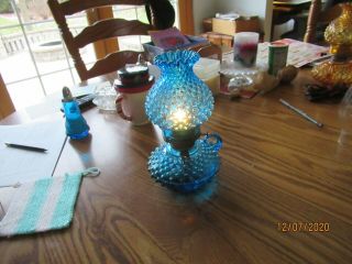 Vintage Fenton Blue Hobnail Art Glass Finger Oil Lamp Shade Broke And Glued
