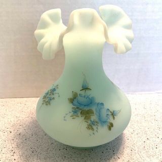 Fenton Art Glass Ruffled Vase - Blue Burmese Satin Hand Painted By Debra C Hill