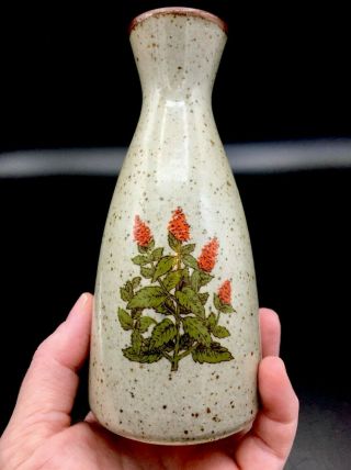 Vintage Takahashi Stoneware Speckled Bud Vase W/orange Flowers 1970s Japan 5.  5”
