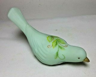 Vintage Fenton Green Satin Custard Glass Bird Hand Painted Signed J Cutshaw