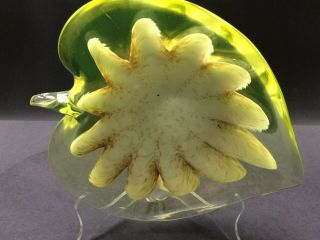 Vtg Murano Hand Blown Candy Bowl Leaf Shaped,  Yellow,  White W/ Gold Mica 9 "