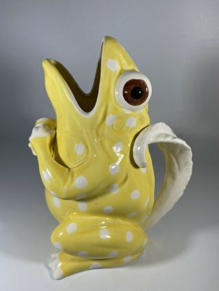 Vintage Ceramic Frog Vase/pitcher Yellow W/white Polka Dots,  Japan 8”t