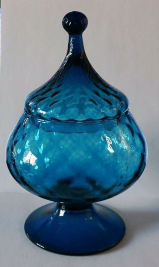 Vintage Empoli Italian Art Glass Teal Blue Diamond Optic Apothecary Candy W Lid