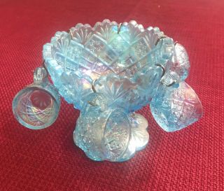 Vtg Westmoreland Child’s Blue Carnival Glass Punch Bowl Set - Thumbelina Set