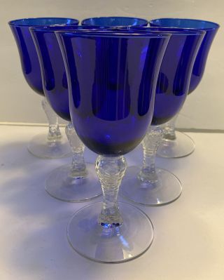 Libbey Glass Martello Cobalt Blue Water Goblets W/ Crackle Bulbous Stem Set Of 6