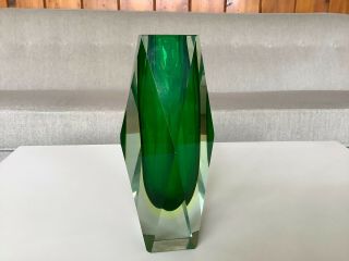 Vintage Murano Sommerso Mandruzzato Art Glass Faceted Space Age Block Green Vase
