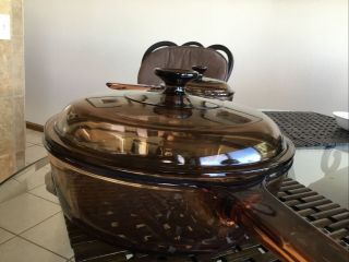 Corning Visions 10 " Deep Frying Pan Skillet W Lid Vintage Amber Pyrex