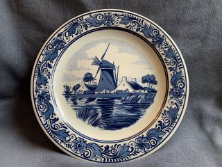 Set 2 - Blauw Delfts Blue Plate Hand Painted Holland Ship Windmill Floral 8 "