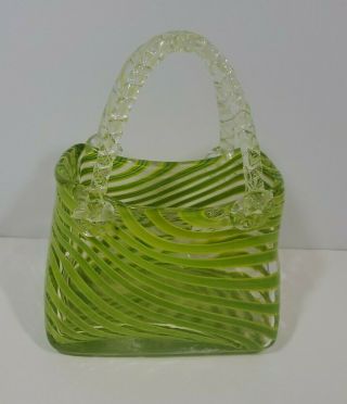 Hand Blown Art Glass Purse Vase Handbag Green Swirls Murano Style Heavy 9”