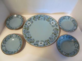 Mcm Vintage Taylor Smith Taylor Blue Azura Dinner Plate & 4 Dessert Berry Bowls