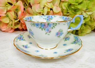 6 Crown Staffordshire Porcelain Forget Me Not Cups & Saucers Flowers Floral 2