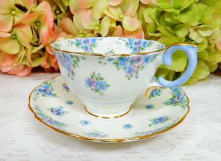 6 Crown Staffordshire Porcelain Forget Me Not Cups & Saucers Flowers Floral 3