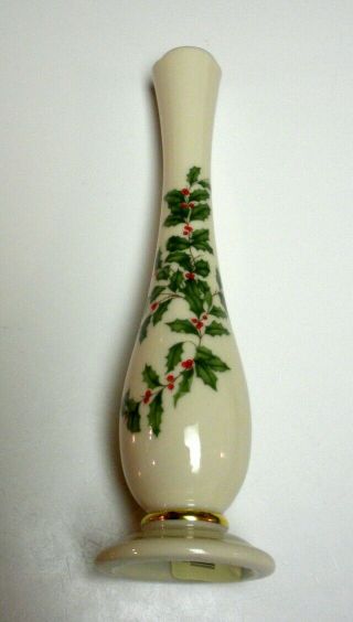 Lenox Holiday Holly Bud Vase 7 3/8 " - Made In Usa - Gold Trim