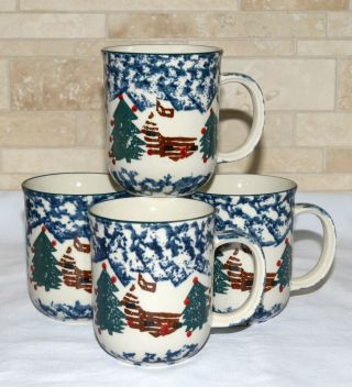 Tienshan Folk Craft Cabin In Snow 4 Mugs / Coffee Cups Blue Spongeware Exc