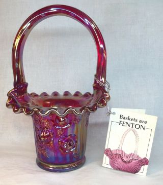 Fenton Art Glass Red Carnival With Raised Roses Crimped Basket 1991
