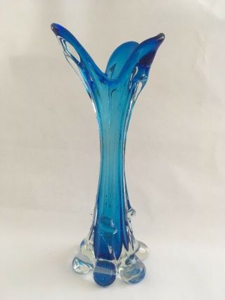 Vintage Art Glass Murano 11 " Royal Blue Ribbed Fountain Blown Glass Vase