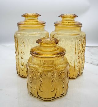 Vintage L.  E.  Smith Imperial Amber Glass Atterbury Scroll 3 Set Canisters