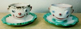 Vintage Set Of 2 Pottery Egg Cups 3 - D Faces Hand Painted In Italy 2 1/2 " Tall