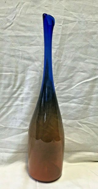 Tall Vintage Mid Century Modern Blown Art Glass Vase Signed Royal Blue Orange