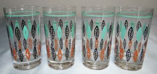 Set Of 4 Vtg Marcrest Nordic 8 Ounce Glass Tumblers Turquoise Leaf Feather