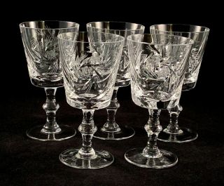 Set Of 5 Ajka " Csopak " Cut Crystal Wine Glasses,  Pinwheel & Crisscross Design