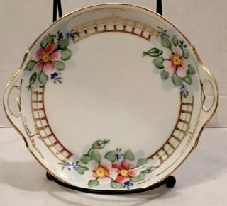Vintage Nippon Hand Painted Bowl Slot Handles Floral W/gold Trim