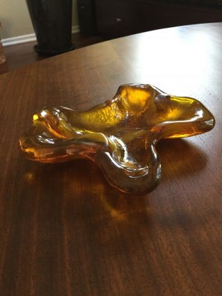 Vintage Blenko Amoeba Amber Color Freeform Art Glass Ashtray No.  966