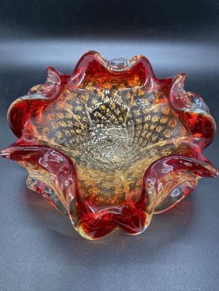 Vtg Murano Italy Cased Art Glass Ash Tray Bowl Bolicante Adventurine Red Bubbles