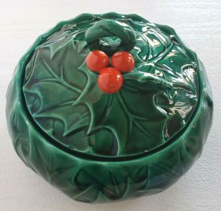 Vintage Lefton Ceramic Candy Dish With Lid Holly Berry Green & Red Christmas
