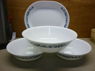 Corelle Old Town Blue Oval Serving Platter Plate Large & 2 Smaller Serving Bowls