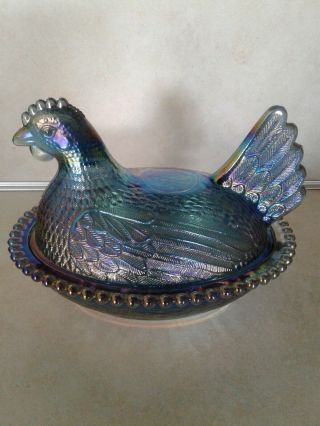 Vintage Blue Iridescent Carnival Glass Hen On A Nest Candy Dish