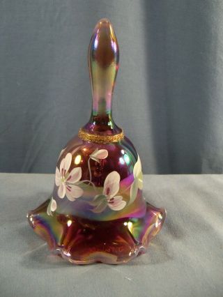 Fenton Plum Purple Carnival Glass Hand Painted Bell White Floral Design