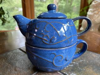 Pier 1 Tea For One 3 Pc.  Stoneware Teapot & Cup Set Raised Design Glossy Blue