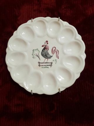 Vintage Ceramic Hand Painted Rooster Deviled Egg Plate With Hanger