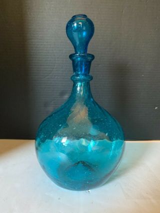 Vintage Mid Century Hand Blown Blue Art Glass Decanter