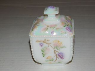 Fenton Glass Square Vintage Covered Candy Box Signed Hand Painted Bead & Grapes