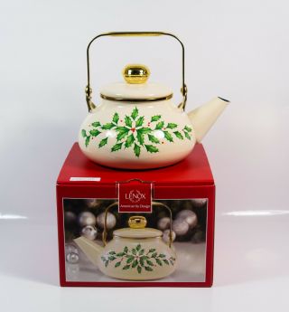 Lenox Holiday Holly Print Enamel On Steel Tea Kettle Pot 1.  88 Ot / 1.  8 L