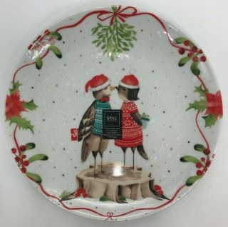Spal Porcelanas Christmas Kissing Birds Salad Plate Mistletoe Decorative 8.  25 "