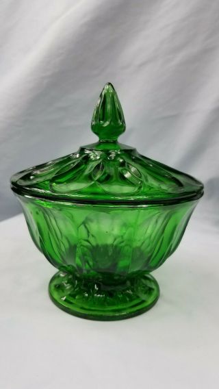 VINTAGE 60 ' s GREEN INDIANA DEPRESSION GLASS LIDDED CANDY DISH FOOTED COMPOTE 2